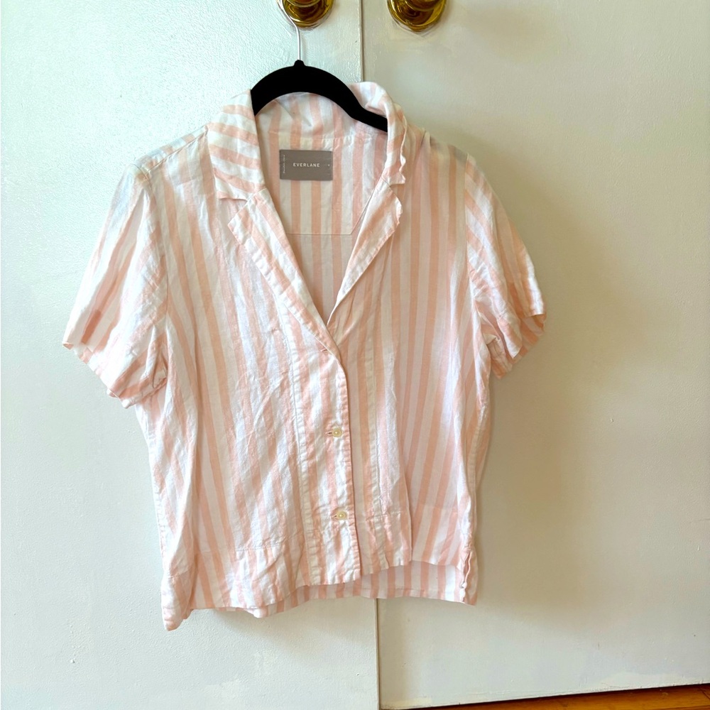 Everlane Pink and White Short Sleeve Button Down Shirt